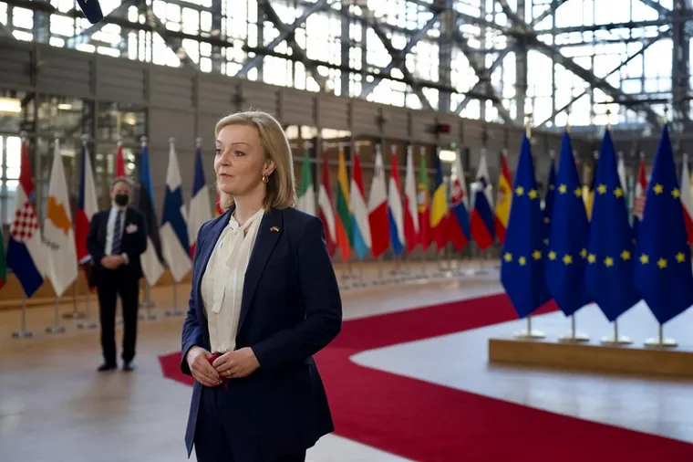 Foreign Secretary Liz Truss at the Baltic press conference surrounded by flags